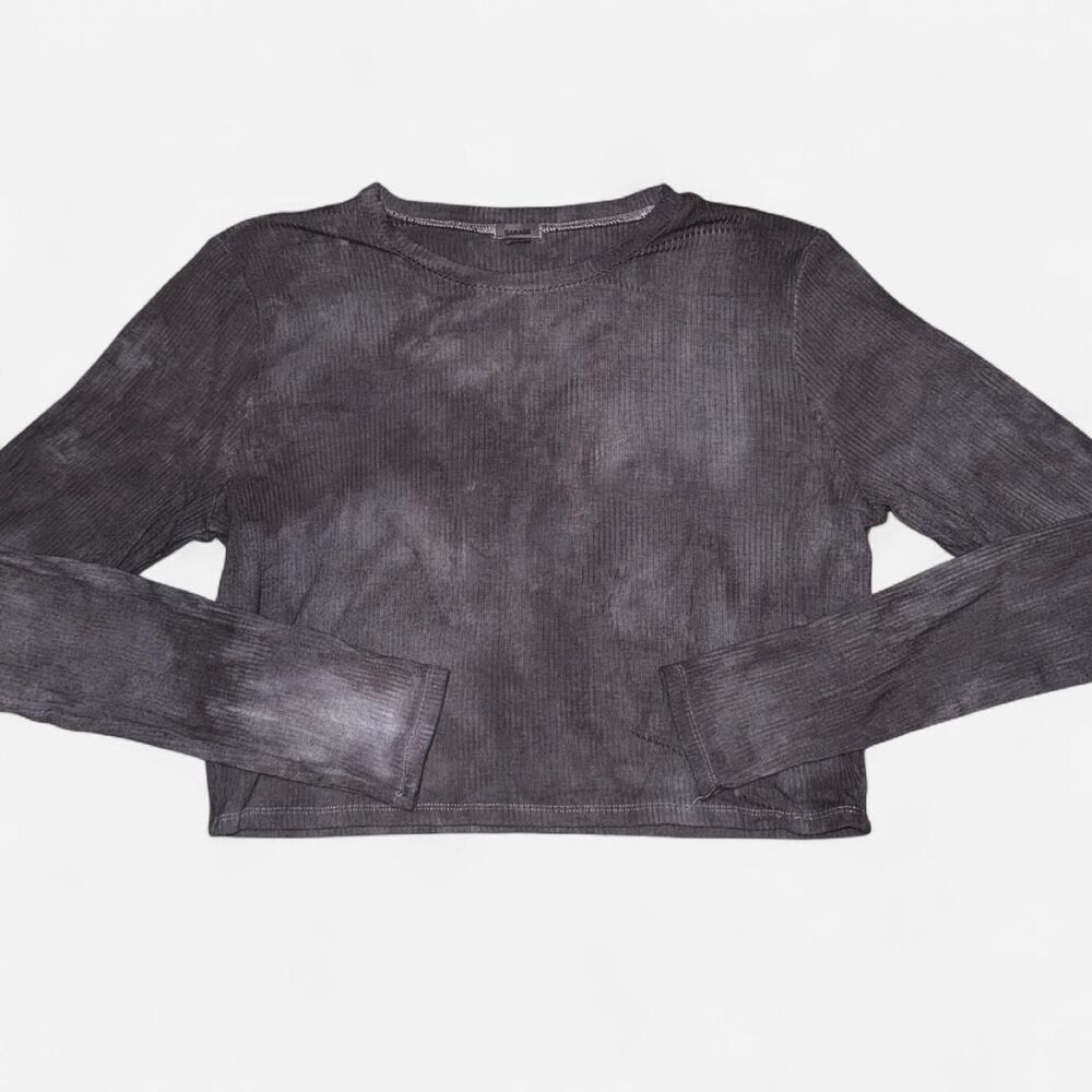 GARAGE Grey Tie-Dye, Ribbed, Cropped Long Sleeve Shirt; size XL